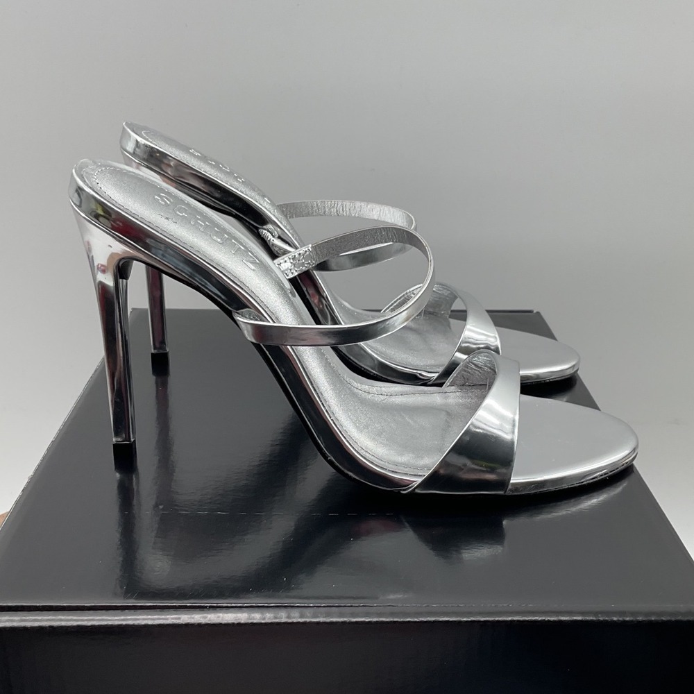 Schutz Silver Jessica Metallic Leather Double Strap Stiletto mules   7.5B Brazil